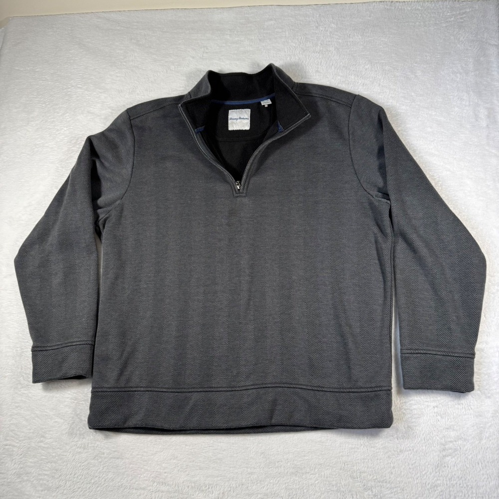Tommy‎ Bahama Pullover Mens XL Grey Herringbone 1/4 Zip Fleece Sweatshirt